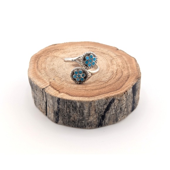 Zuni Flower Turquoise Bypass Ring Semi Adjustable NA Sterling Silver Sz 8.5US ** - Picture 3 of 10